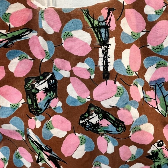 Erotokritos Print Fabric Handbag Purse Eiffel Tower Airplanes Brown Pink - Picture 3 of 6